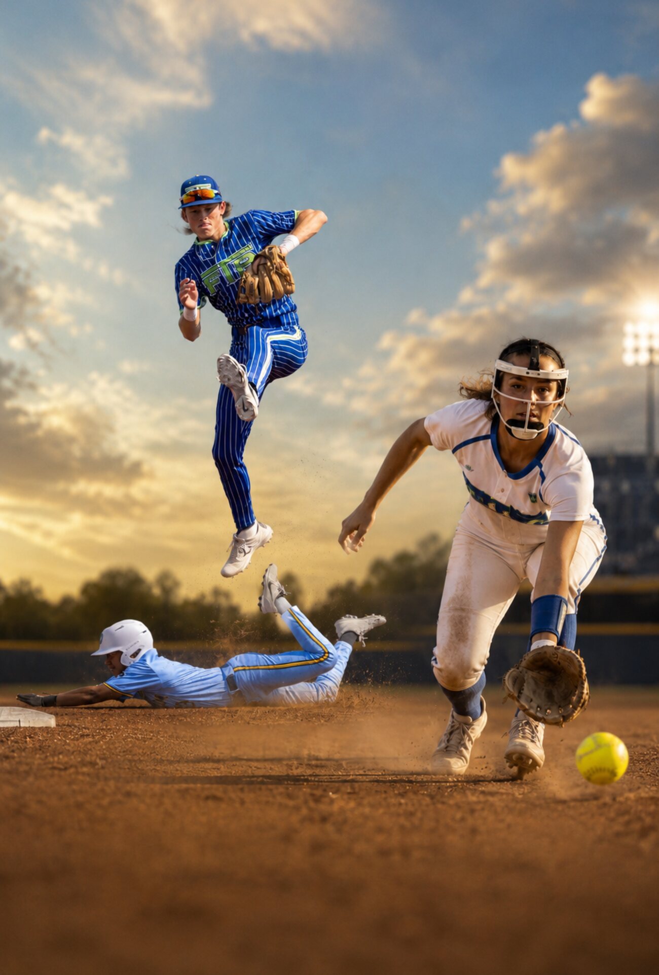 A baseball player and a softball player in mid-action